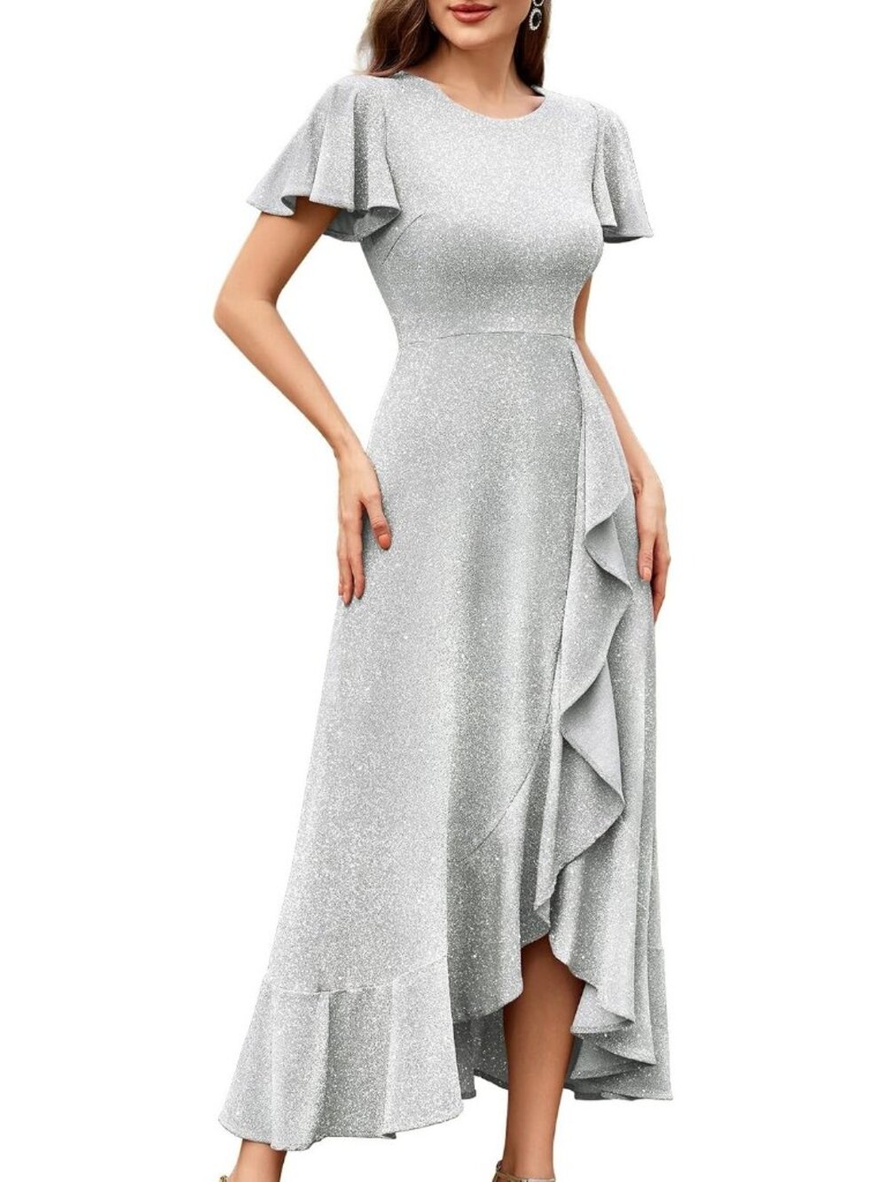 Women's Silver Sequin Bride Wedding Stunning Evening Gowns Formal Events Dresses